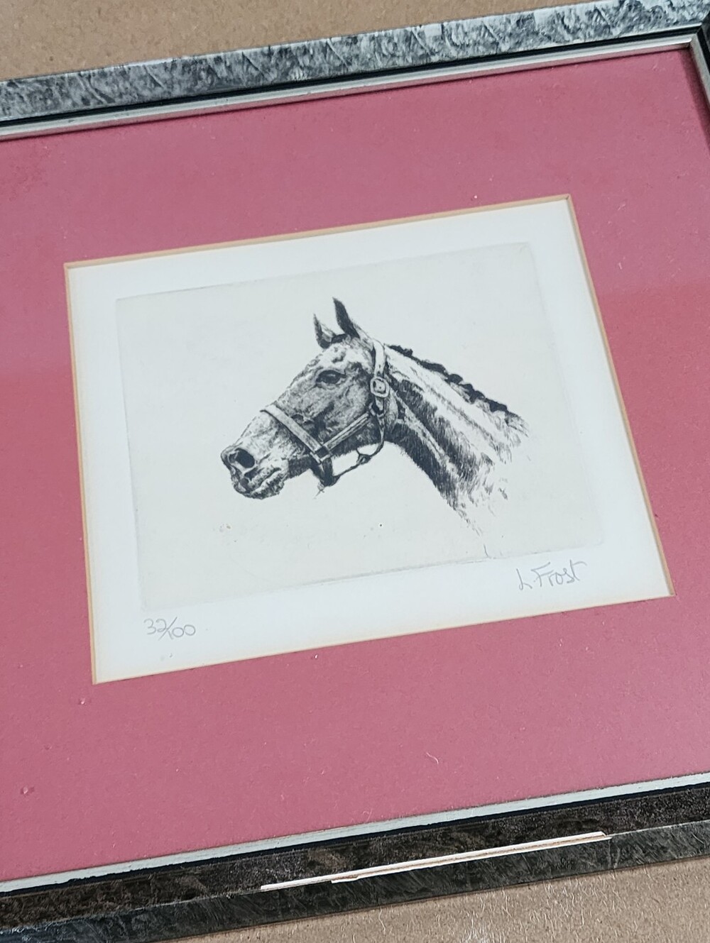 L. Frost Horse Etching Print Framed Western Numbered 32/100 Signed Vintage